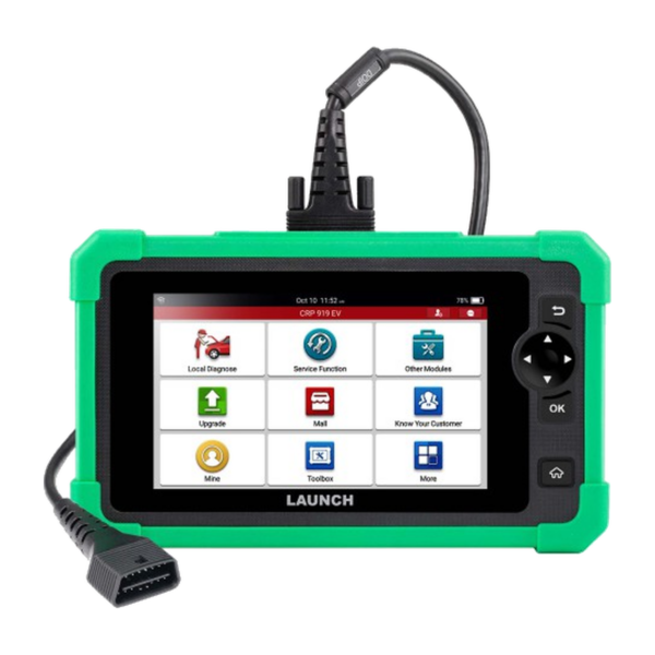 AMET-1258-LAUNCH-CRP919-EV-SOURCE-REPAIRED-v1 เครื่องสแกน LAUNCH CRP919 EV มุมด้านหน้าพร้อมสายเชื่อมต่อ